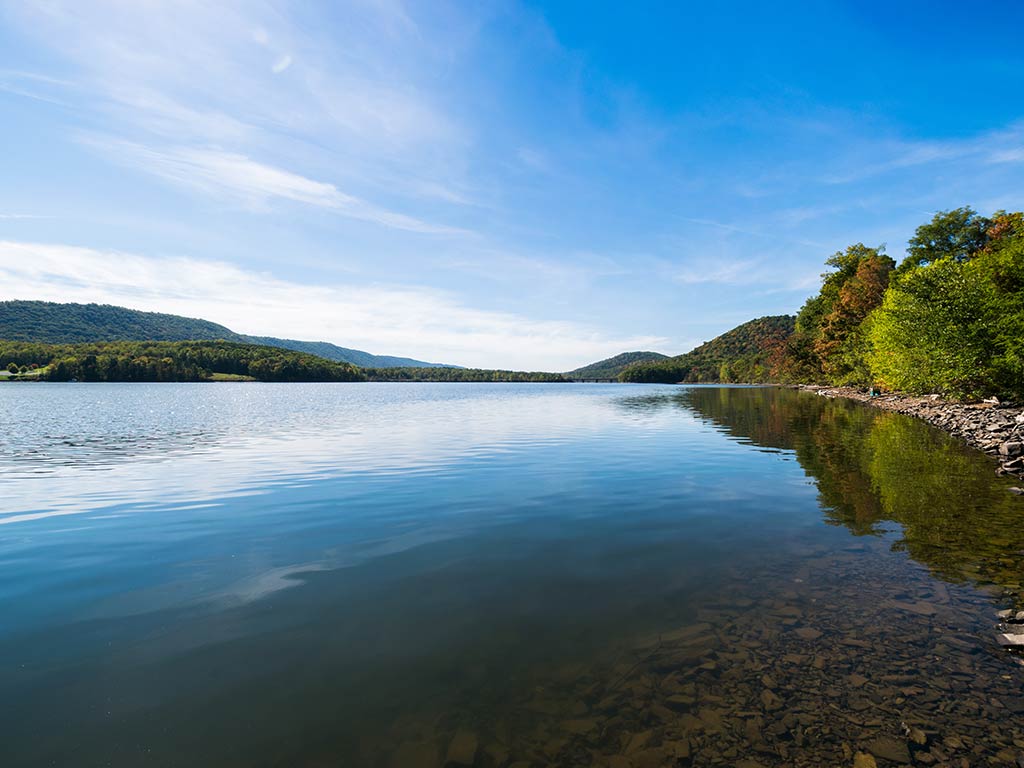A surface-level view of Raystown Lake on a clear day with calm waters dominating the image and greenery visible on the lake's shores