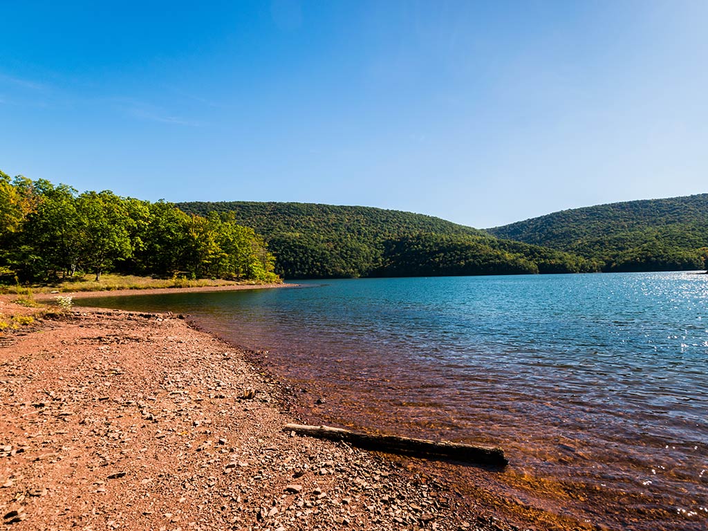 A view of a rocky beach next to the calm waters of Raystown Lake, PA, on a clear day, with greenery visible on the opposite shore