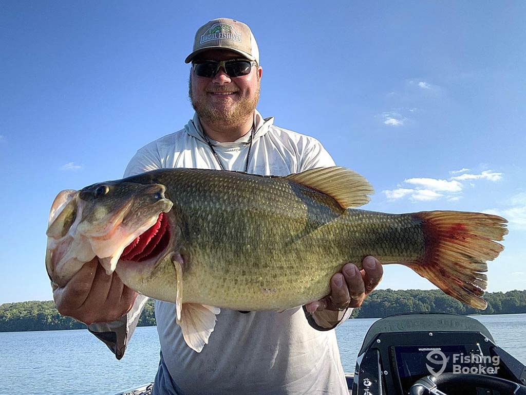 A man in a baseball cap and sunglasses smiles as he stands aboard a boat and holds a sizeable Largemouth Bass on a clear day