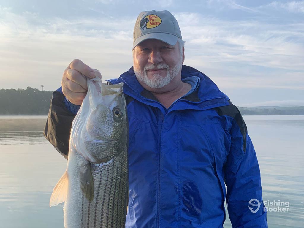 A middle-aged man in a baseball cap and blue raincoat holding a Striped Bass by its mouth vertically on a lake