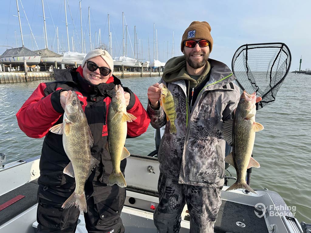 A man and woman standing on the deck of a fishing boat on a lake and holding three Walleyes and one Yellow Perch between them on a clear winter's day