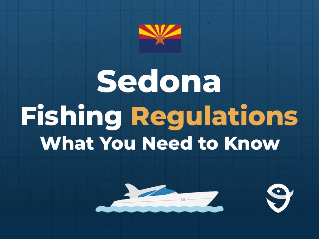 An infographic showing the state flag of Arizona along with text that says "Sedona fishing regulations what you need to know" against a dark blue background