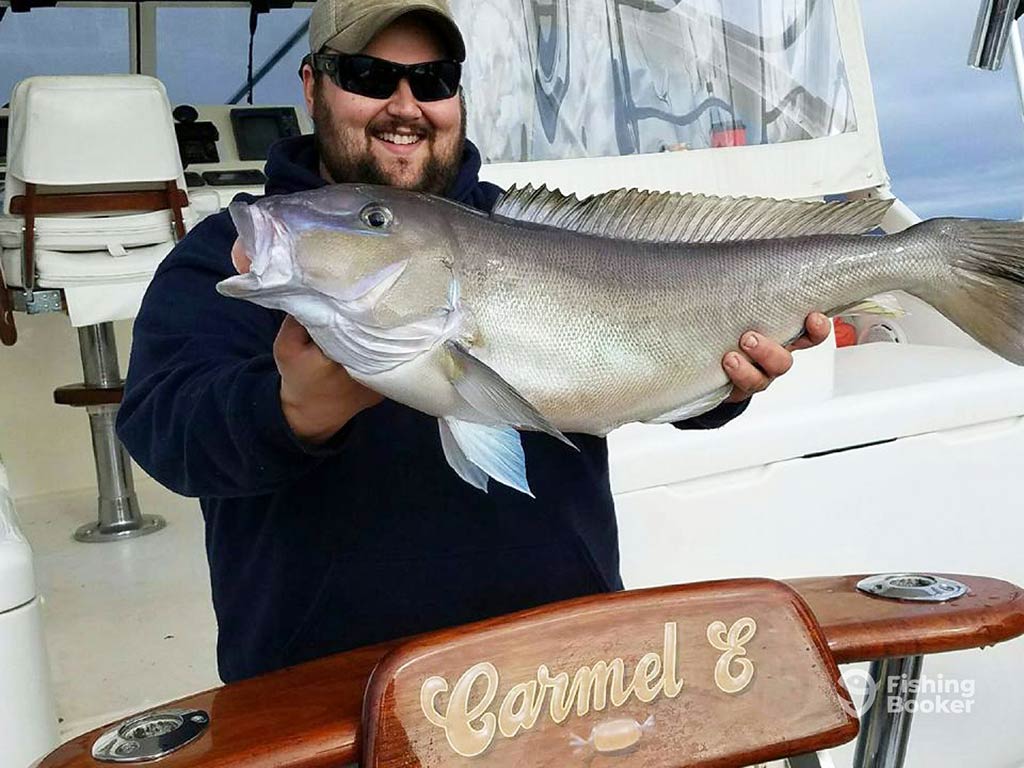 A man in a baseball cap and sunglasses holding a Tilefish aboard a fishing charter