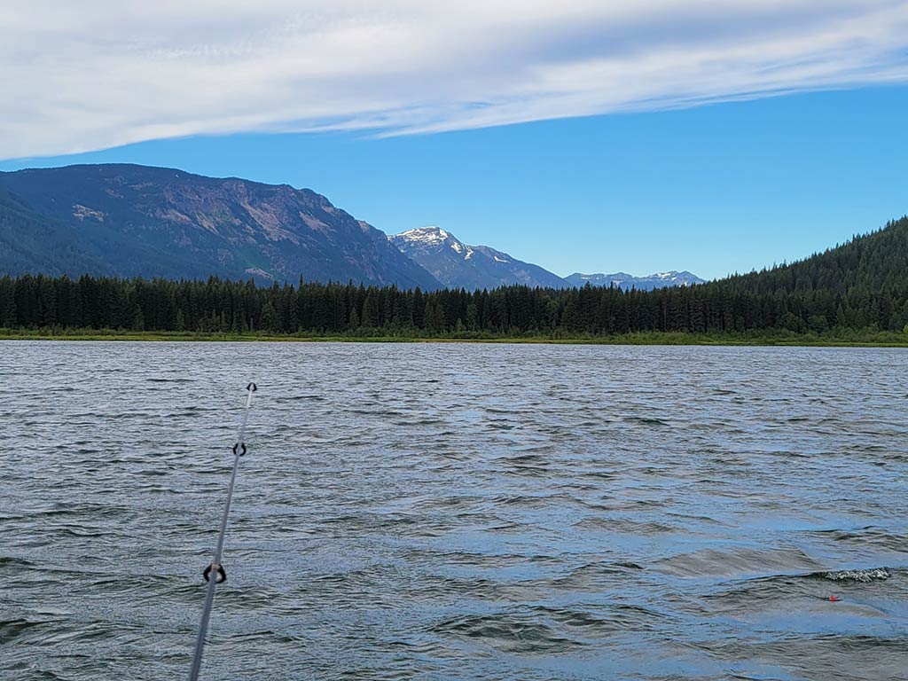 A view from behind of a rod over the side of a boat in Washington state's calm inshore waters with blue skies visible beyond the mountains in the distance