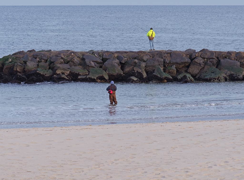 Two people are fishing by the shore; one's standing on a rocky barrier, while the other wades in shallow water. They're hoping to catch some interesting fish like Salmon, Bass, or Trout. The person on the rocks is casting their line further out, aiming for bigger catches, while the one in the shallow water is targeting smaller species like Perch and Bluegill. They've been out there for a couple of hours and have caught three Mackerel so far. Both seem to be enjoying their time in nature, appreciating every moment by the water's edge.
