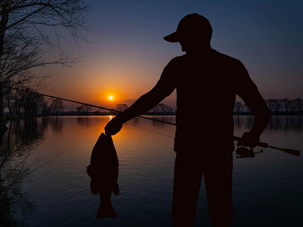 A silhouette of a person holding a fishing rod and a Bass fish against a sunset over a calm lake, hinting at the serenity of night fishing.