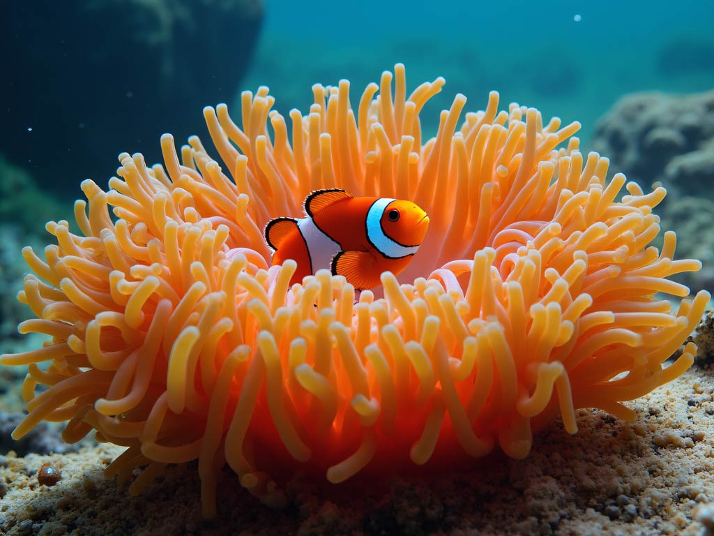 A view of a Clownfish swimming among bright orange tentacles of a Sea Anemone in a coral reef setting.