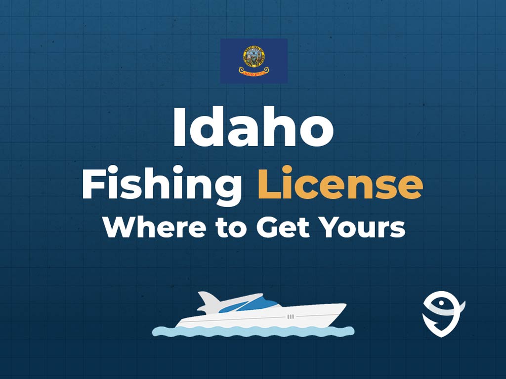 An infographic showing the Idaho flag along with text that says "Idaho Fishing License Where to Get Yours" against a dark blue ckground.