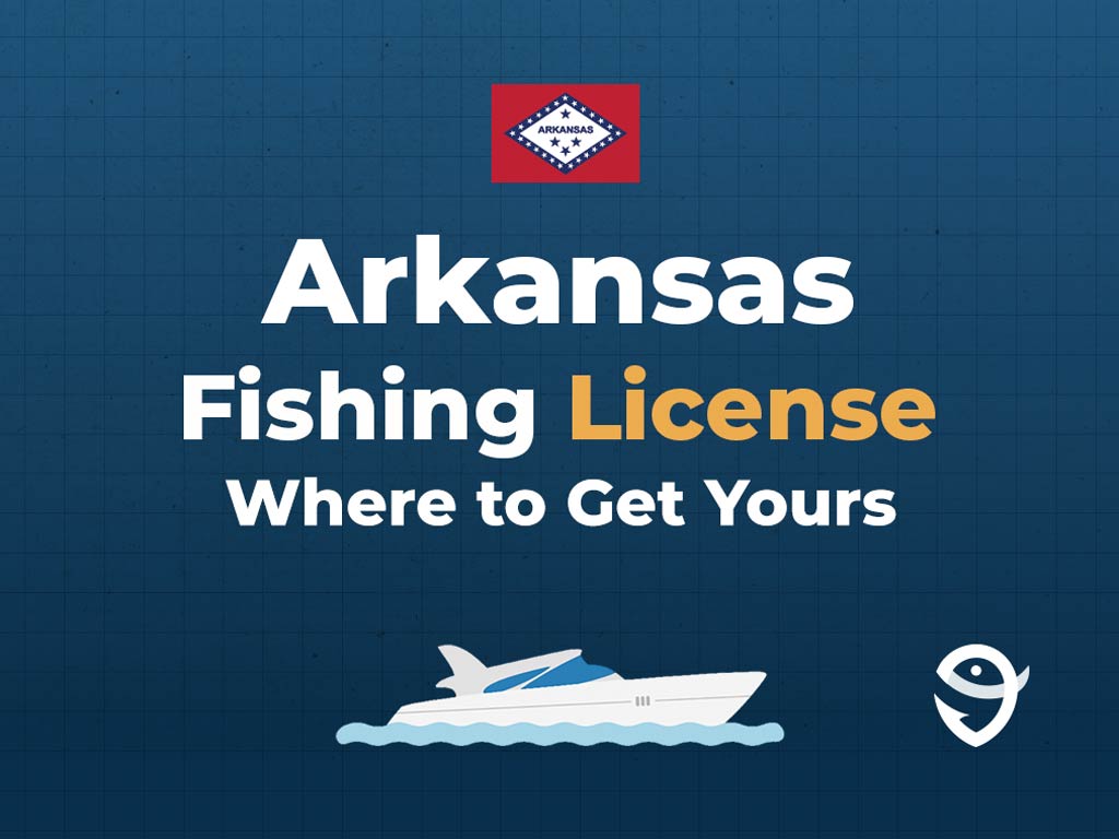 An infographic showing the Arkansas flag along with text that says "Arkansas Fishing License Where to Get Yours" against a dark blue background.