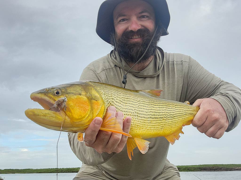 A person in a hat's proudly displaying a Golden Dorado against a cloudy sky backdrop.