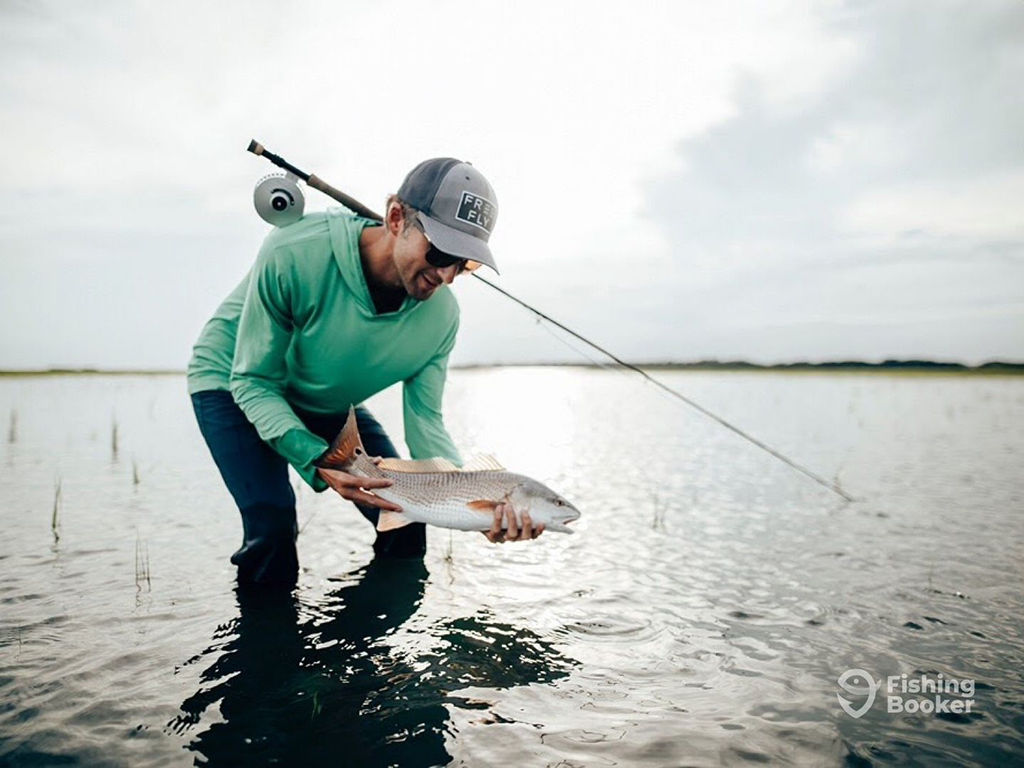 A person in a green shirt and cap is holding a Redfish while standing knee-deep in the water, with a fly fishing rod slung over their shoulder.