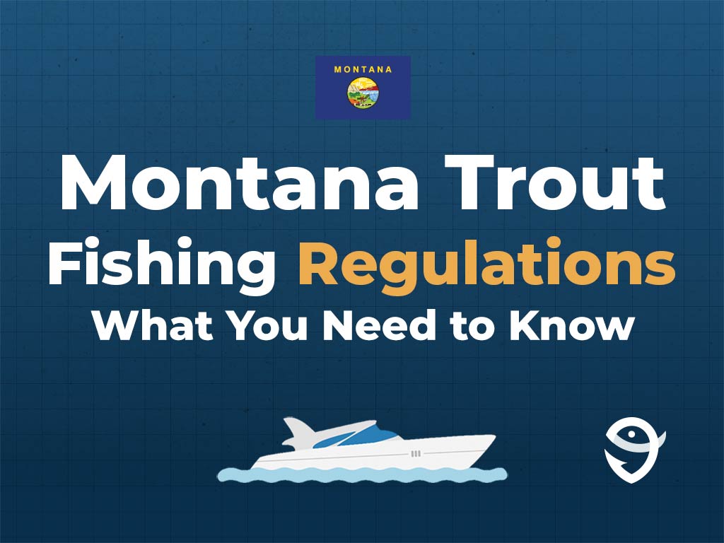 An infographic showing the Montana flag along with text that says "Montana Trout Fishing Regulations. What You Need to Know" against a dark blue background, featuring a vector of a fish and the FishingBooker logo.