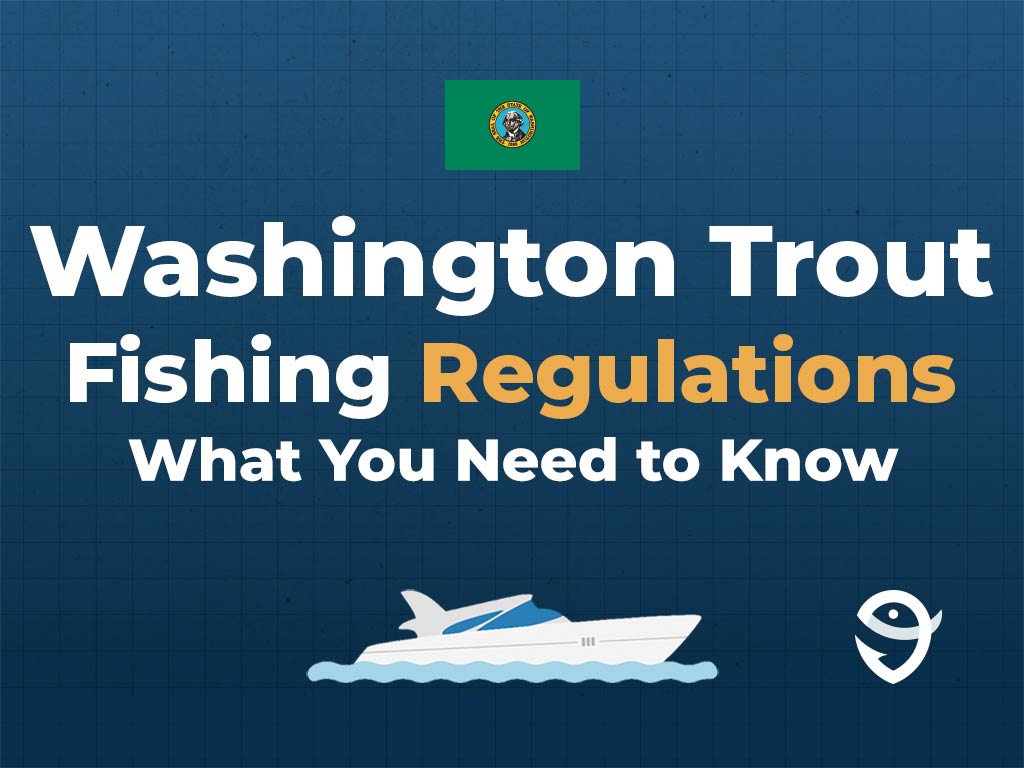 An infographic showing the Washington flag along with text that says "Washington Trout Fishing Regulations. What You Need to Know" against a dark blue background, featuring a vector of a fish and the FishingBooker logo.