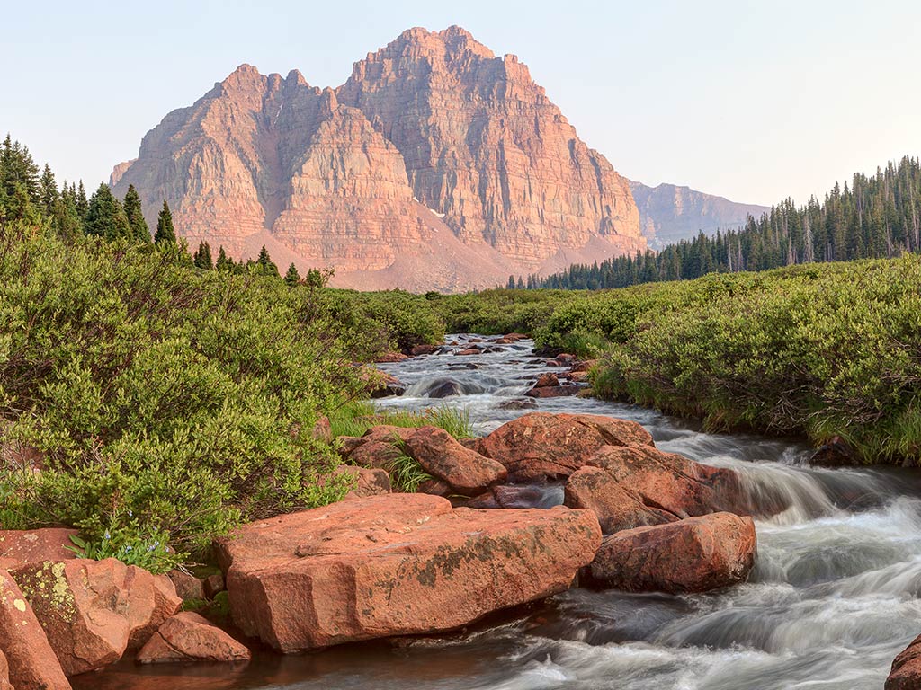 A mountain rises in the background behind a flowing creek, perfect for Trout fishing in Utah, with large rocks and green shrubs in the foreground.