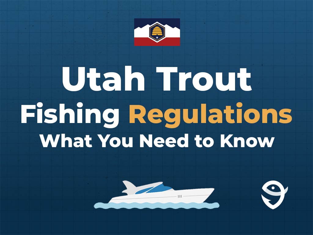 An infographic showing the Utah flag along with text that says "Utah Trout Fishing. What You Need to Know" against a dark blue background, featuring a vector of a fish and the FishingBooker logo.