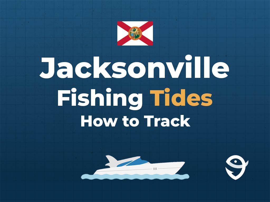An infographic showing the Florida flag along with text that says "Jacksonville Fishing Tides. How to Track" against a dark blue background, featuring a vector of a fish and the FishingBooker logo.