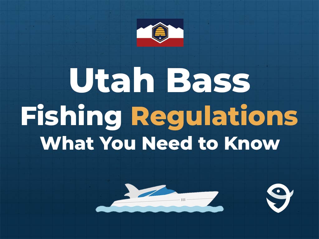 An infographic showing the Utah flag along with text that says "Utah Bass Fishing. What You Need to Know" against a dark blue background, featuring a vector of a fish and the FishingBooker logo.