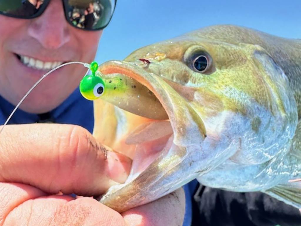 A closeup of a person holding a Bass with a green fishing lure in its mouth, smiling in the background.