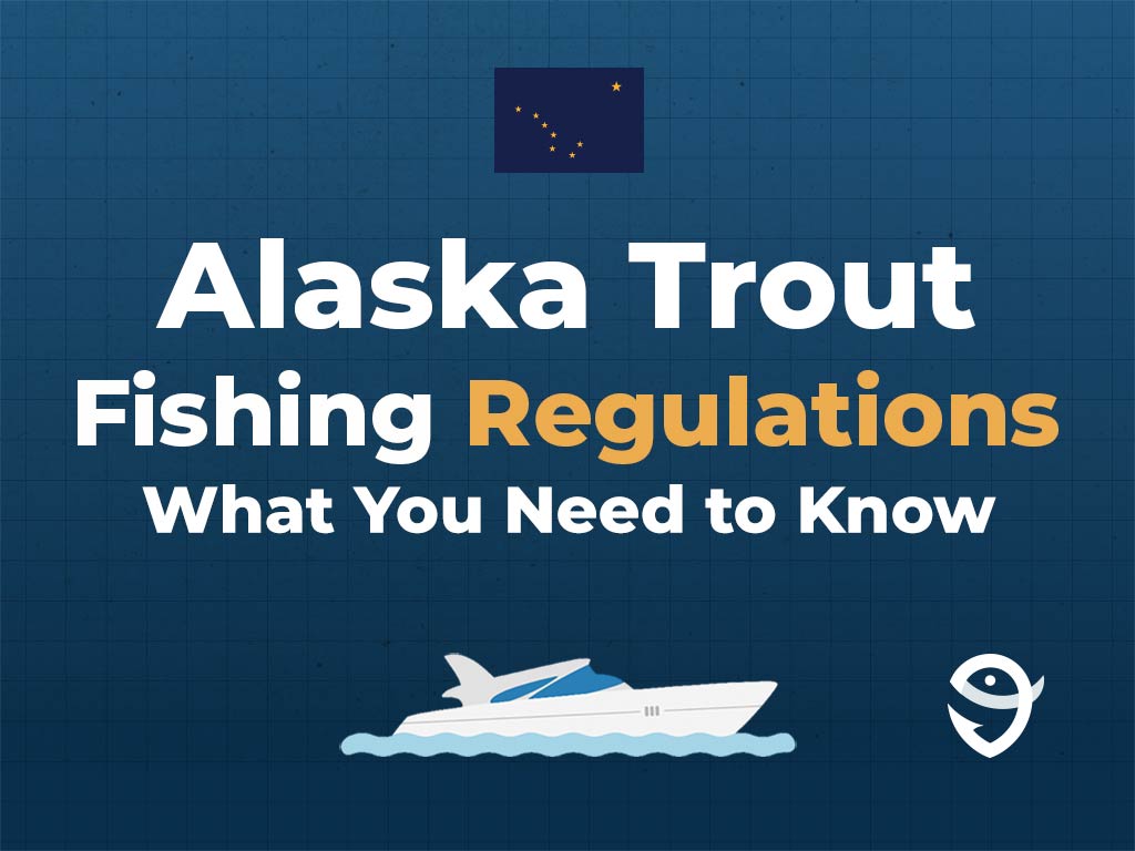 An infographic showing the Alaska flag along with text that says "Alaska Trout Fishing Regulations. What You Need to Know" against a dark blue background, featuring a vector of a fish and the FishingBooker logo.