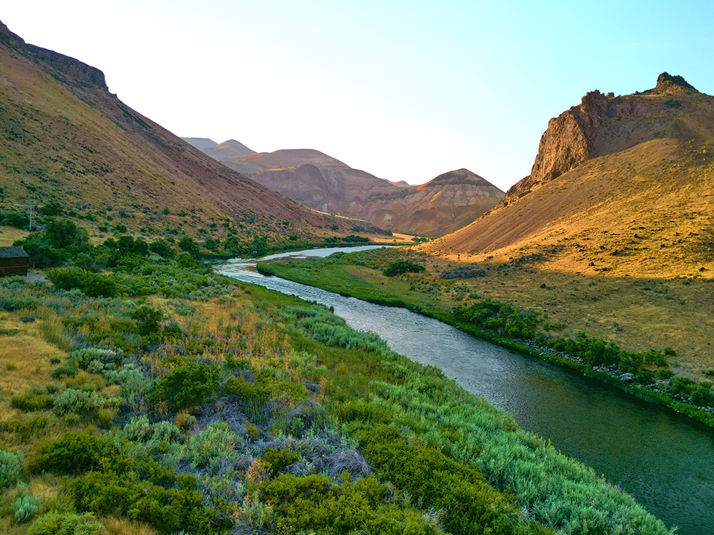A winding river, ideal for Trout fishing in Oregon, flows through a green valley surrounded by rocky hills under a clear sunset sky.