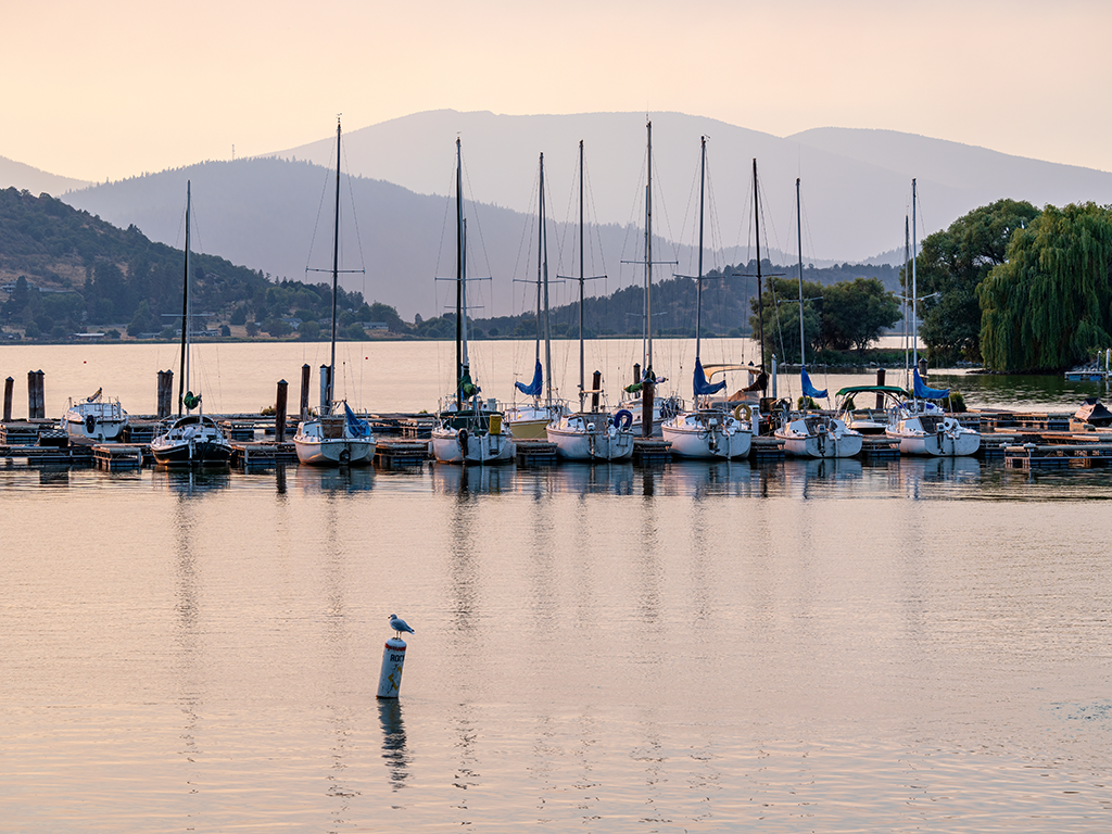 A row of sailboats is docked at a serene lake marina in Klamath Falls, Oregon, with majestic mountains and lush trees framing the peaceful scene. There's even a bird perched nearby, adding to the tranquil atmosphere.