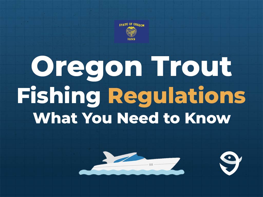 An infographic showing the Oregon flag along with text that says "Oregon Trout Fishing Regulations. What You Need to Know" against a dark blue background, featuring a vector of a fish and the FishingBooker logo.