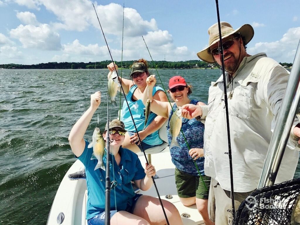 Four people on a boat are holding fishing rods with Yellow Bass, smiling at the camera on a sunny day. The water sparkles in the background and trees line the shoreline.