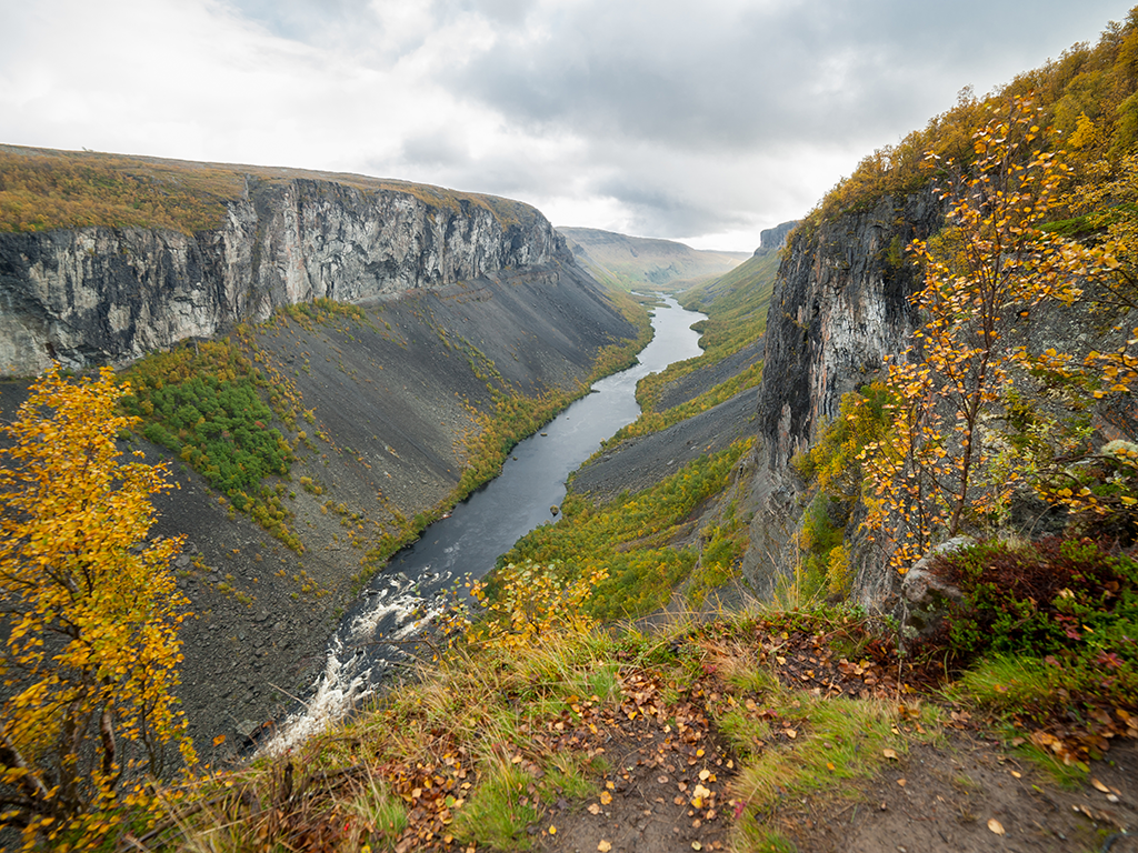 A river flows between steep, rocky cliffs in a wide valley in Norway, making it perfect for fishing. The area is surrounded by autumn trees under a cloudy sky.