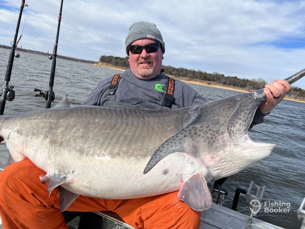 A man wearing sunglasses and a beanie sits in a boat, holding a large Catfish, with fishing rods behind him—he's possibly fishing for Paddlefish on the tranquil lake.