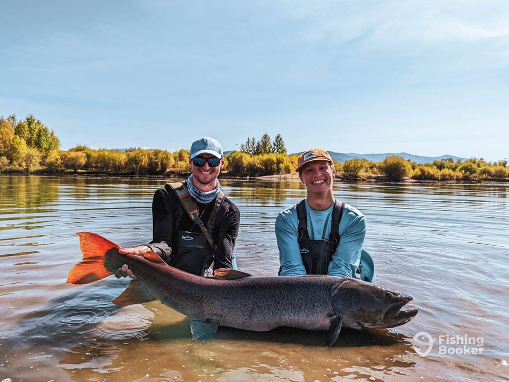 Two people stand in shallow water, holding a massive Taimen with bright orange fins. Trees and blue sky fill out the scene, creating a perfect backdrop for this unforgettable moment.