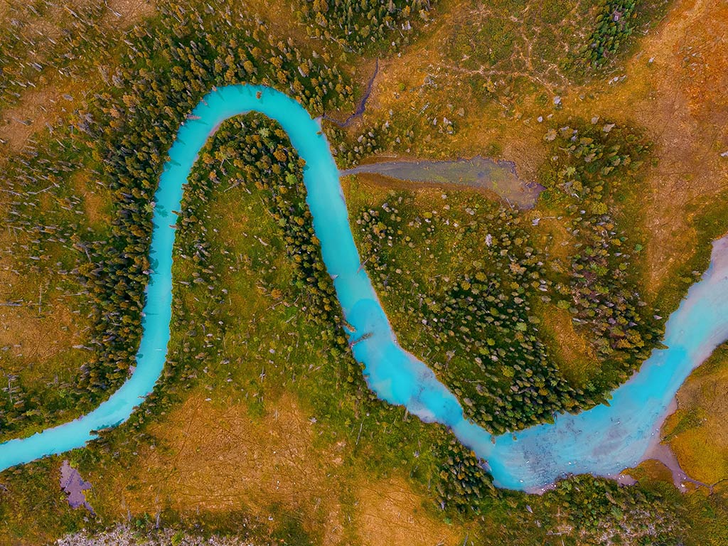 A bird's eye view of a turquoise river in Siberia, curving through a green and brown landscape bordered by scattered trees.