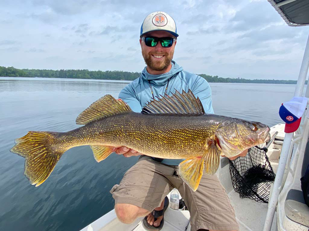 A man crouching on a boat on a lake in Minnesota, holding a large Walleye with the water and a distant shoreline visible behind him.