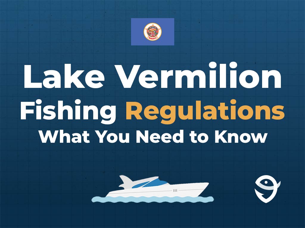 An infographic showing the Montana flag along with text that says "Lake Vermilion Fishing Regulations. What You Need to Know" against a dark blue background, featuring a vector of a fish and the FishingBooker logo.