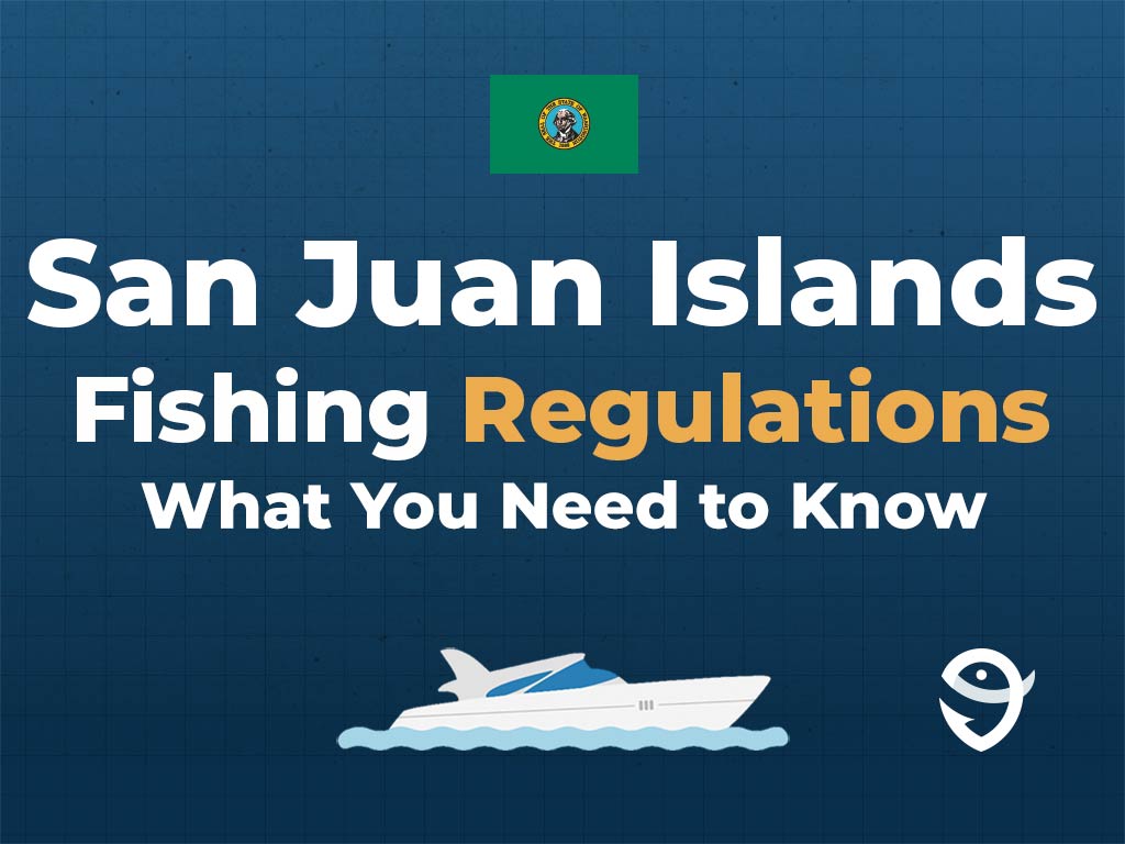 An infographic showing the Washington state flag along with text that says "San Juan Islands Fishing Regulations. What You Need to Know" against a dark blue background, featuring a vector of a fish and the FishingBooker logo.