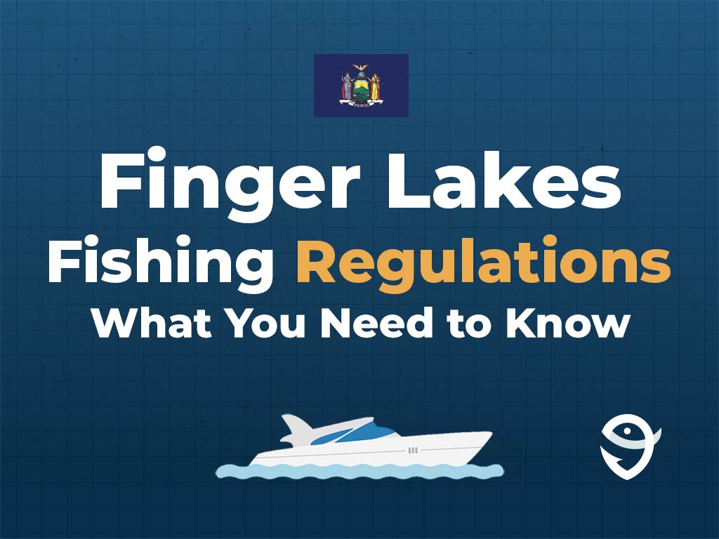 An infographic showing the New York state flag along with text that says "Finger Lakes Fishing Regulations. What You Need to Know" against a dark blue background, featuring a vector of a fish and the FishingBooker logo.