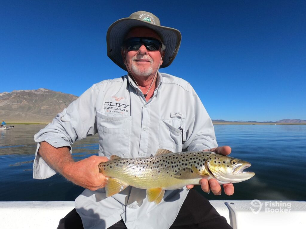 A man wearing a sun hat and sunglasses holds a Brown Trout on a boat, with a lake and mountains in the background.