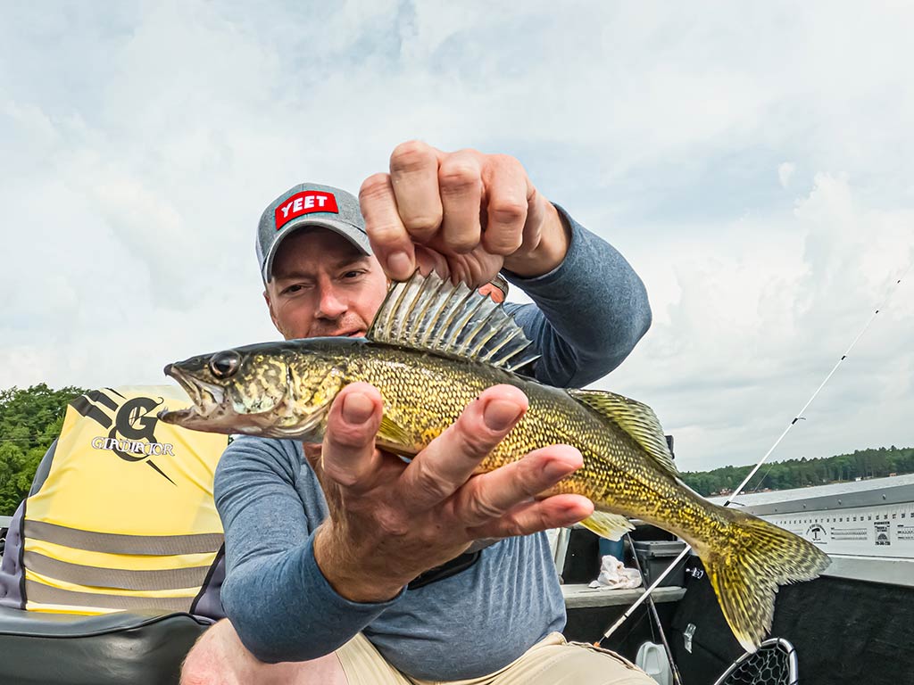 A person in a blue shirt and red hat is holding a Walleye. clearly enjoying their Minocqua fishing trip. They're sitting in a boat with gear visible in the background.