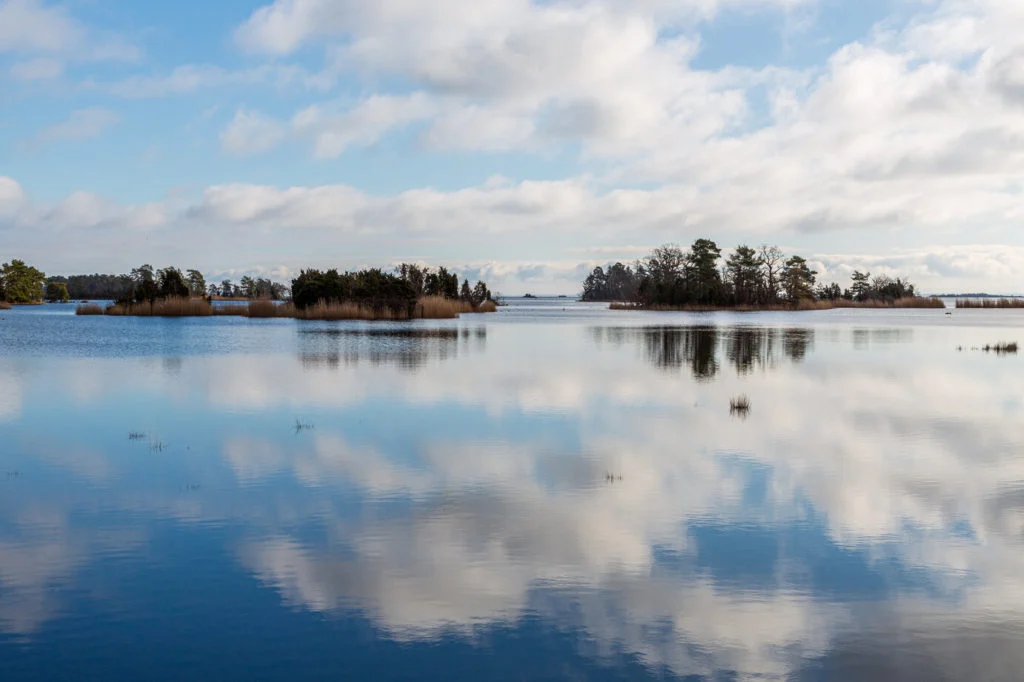 Blick &uuml;ber den Kalmarsund in Schweden. Im Hintergrund befinden sich kleine Inseln mit B&uuml;schen, B&auml;umen und hohem Gras.