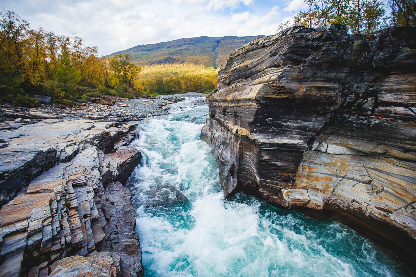 Stromschnellen im t&uuml;rkiesblauen Wasser des Lainio&auml;lven in Schweden, mit Herbstwald im Hintergrund und felsigem Flussbett.