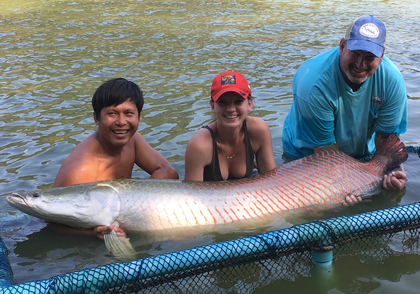 Zwei M&auml;nner und eine Frau im Wasser mit einem Arapaima.