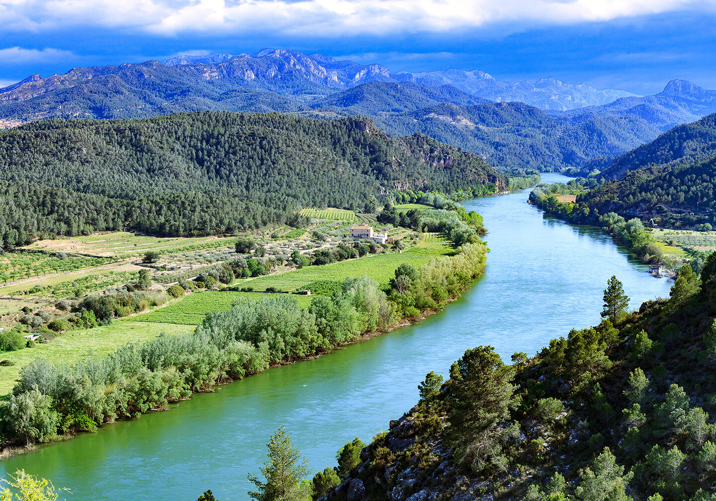 Der Ebro in Spanien mit gr&uuml;nen Feldern auf beiden Seiten und Bergen in der Ferne.