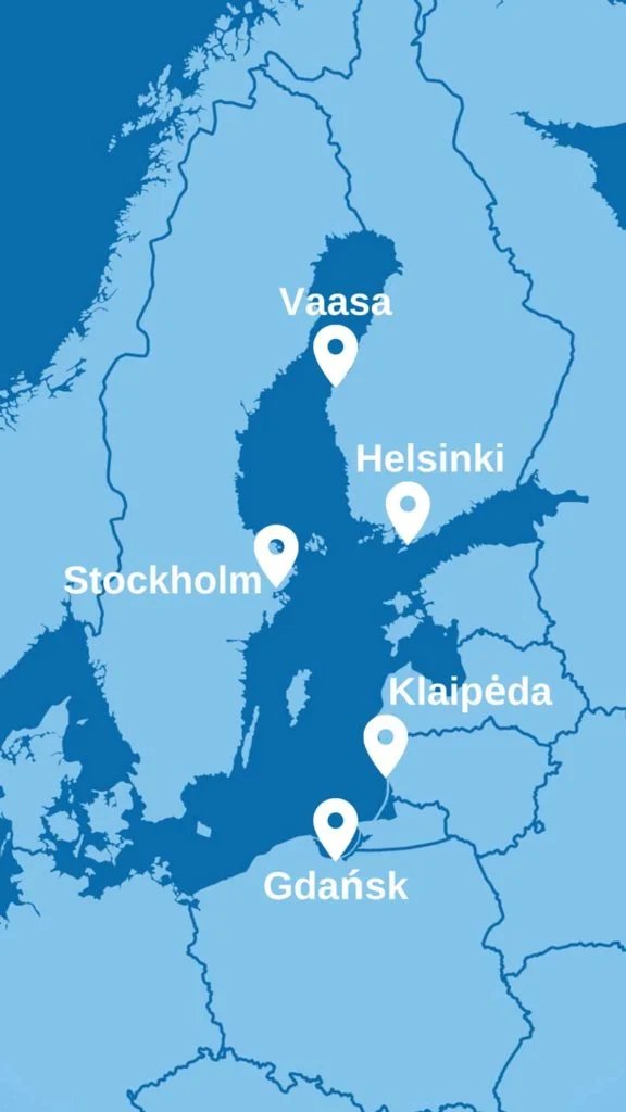 Eine Infografik mit den wichtigsten Angelstellen an der Ostsee, einschlie&szlig;lich der St&auml;dte Stockholm, Helsinki, Danzig, Klaipėda und Vaasa.