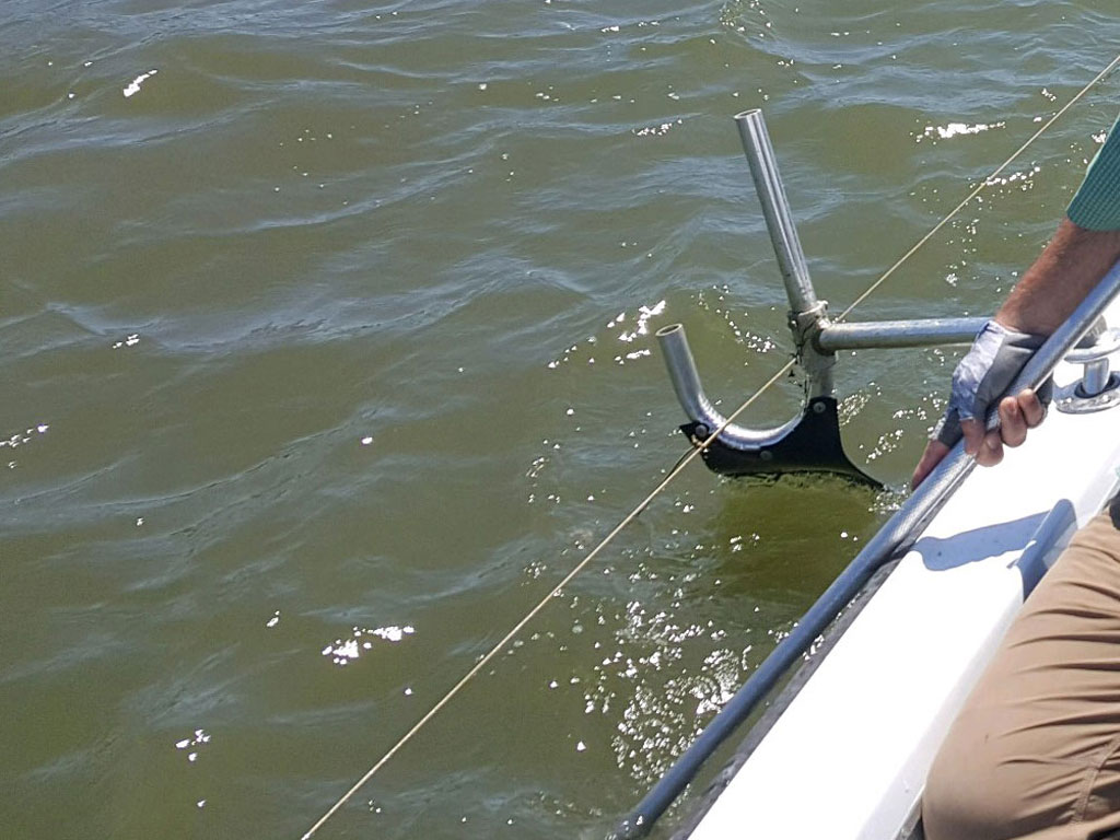 A trot line partially submerged by the boat's edge, while someone in a glove holds the railing, ready to catch a Chesapeake Bay Crab