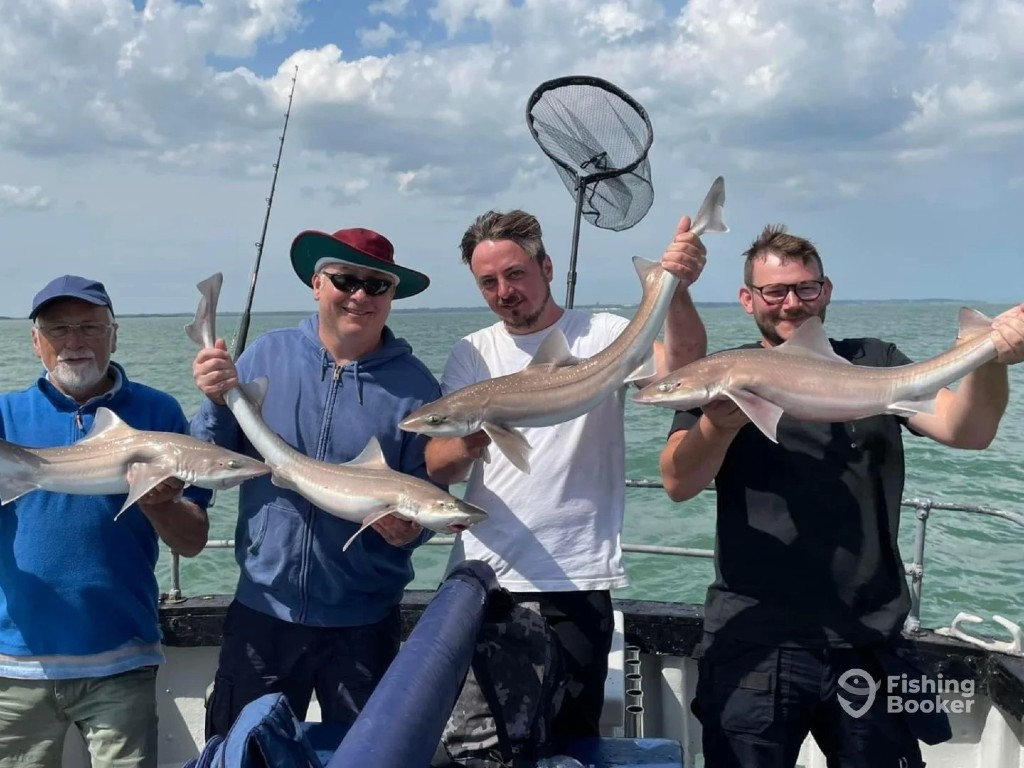 Four men on a boat in the UK are holding large fish they’ve caught. You can see fishing gear around them, and the sea and sky are in the background.