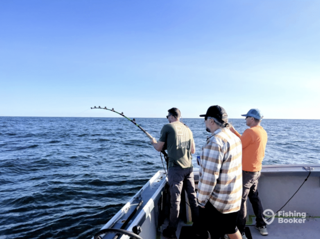 Three people stand on a boat in open water. One is fishing with a bent rod, enjoying the clear blue sky, with one angler focused on their line, and the others watching the calm surface for signs of movement.