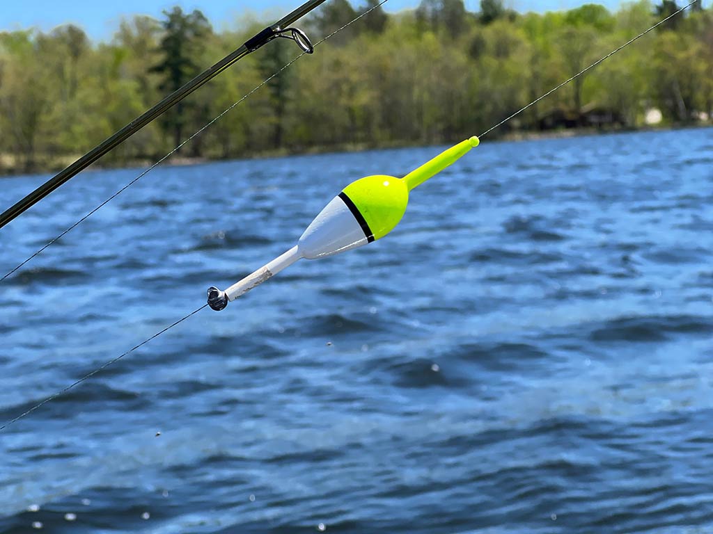 A fishing bobber attached to a line, hanging above a lake with trees in the background.