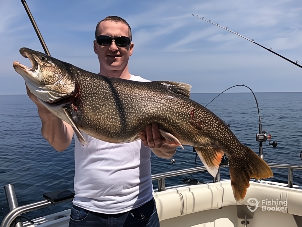 A man wearing sunglasses and holding a large Lake Trout on a boat, showing off his catch during peak Illinois fishing season with rods visible and the sea in the background.