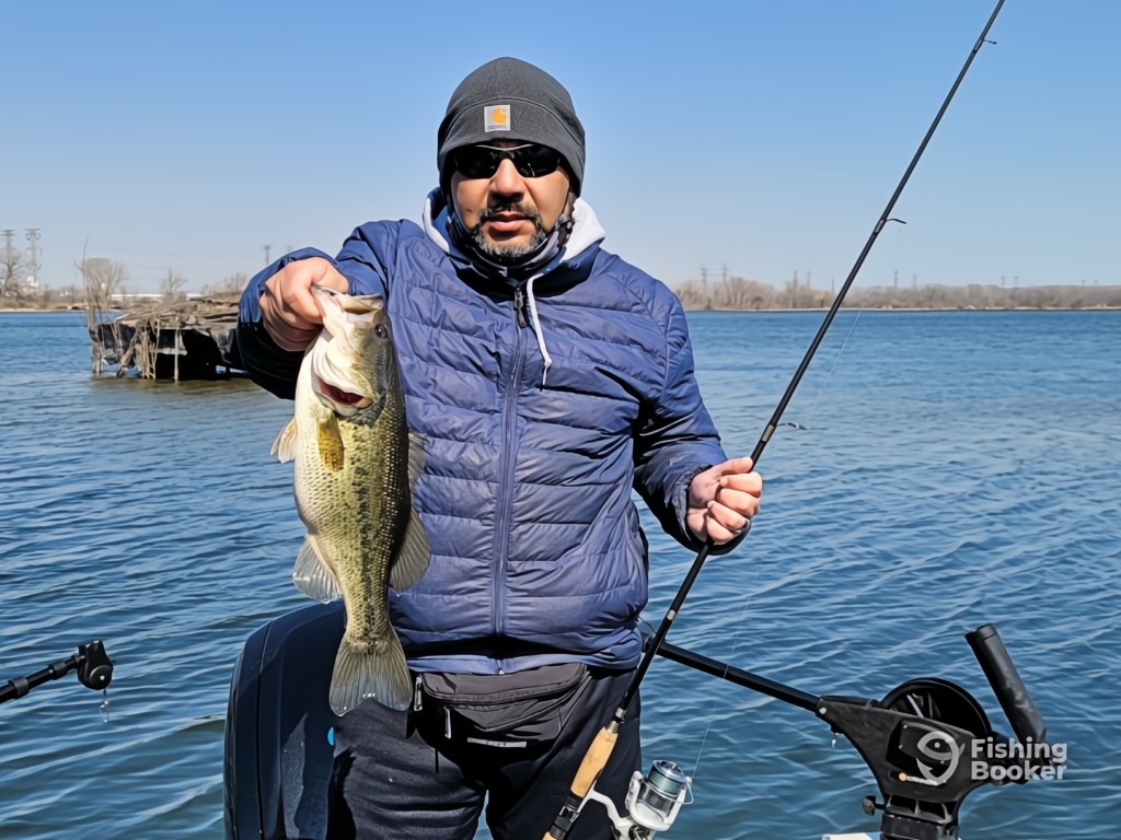 A man holding a Largemouth Bass and a fishing rod on a boat on a lake in Illinois enjoying the seasons in a blue jacket and sunglasses.