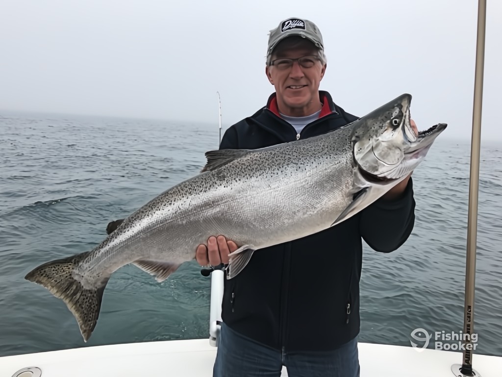 A man standing on a boat, holding a large Chinook Salmon with both hands and smiling at the camera, celebrating success in Illinois, with a larhe lake and a fishing rod visible in the background.