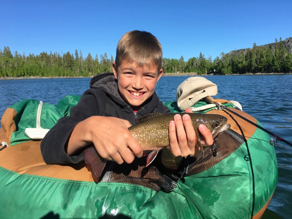A smiling boy in a boat holds up a freshly caught Brook Trout on a sunny lake, capturing the joy of Trout fishing in Tennessee, with trees and blue sky in the background.